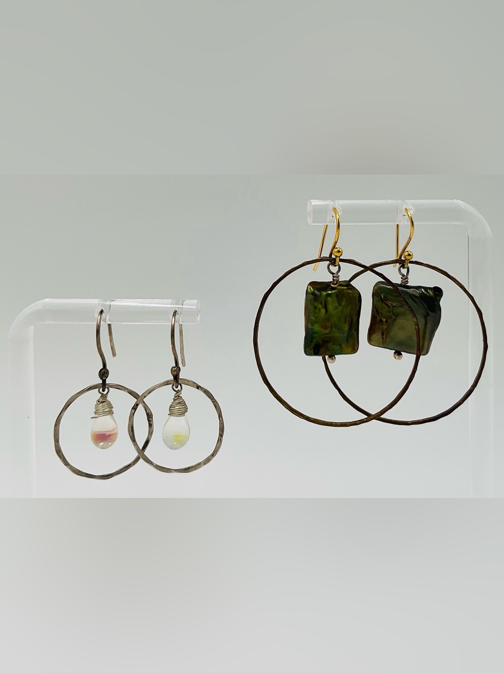 Set of Two Hoop Earrings with Iridescent Glass Beads and Olive Green Stones